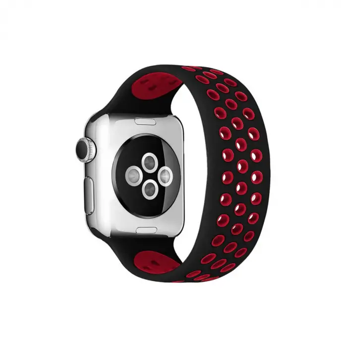 Apple Watch 42mm Ayarlı Delikli Silikon Kordon - Siyah-kırmızı