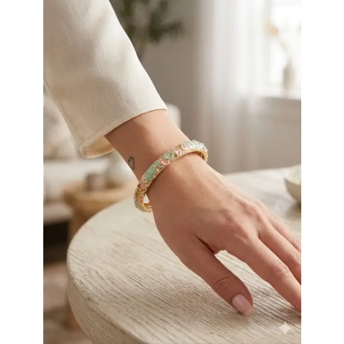 AQua Petal Pembe  & Su Yeşili Mine İşlemeli Kelepçe Bileklik - Kbl0451
