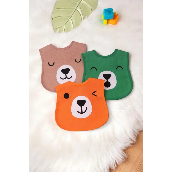 Bear Desenli 3lü Sıvı Geçirmez Bebek Mama Önlüğü 0-18 Ay - Turuncu
