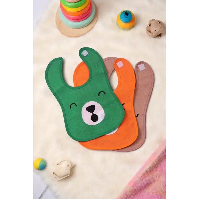 Bear Desenli 3lü Sıvı Geçirmez Bebek Mama Önlüğü 0-18 Ay - Turuncu