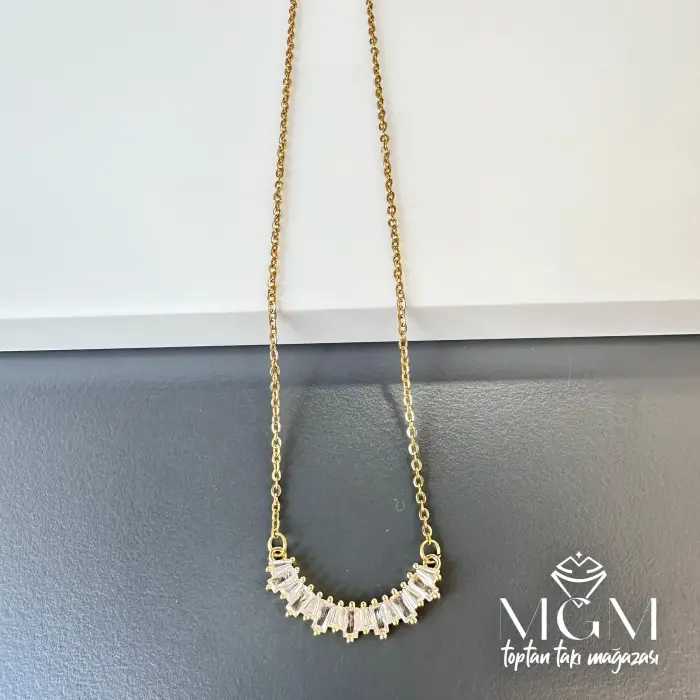Zirkon Taşlı Zincir Çelik Uç Kısmı Pirinç Kolyeler 40 + 5 Cm Uzatma Payı - Kl0160