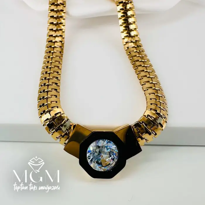 Zirkon Taşlı Çelik Çelik Kolye 40+5 Cm - Kl0194