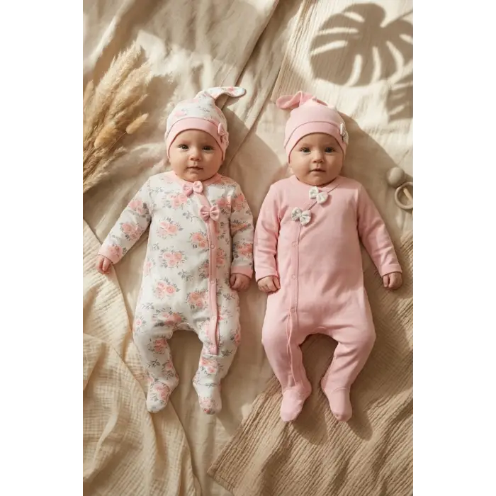 Çiçek Desenli % 100 Pamuk Kız Bebek 4lü Tulum Takımı