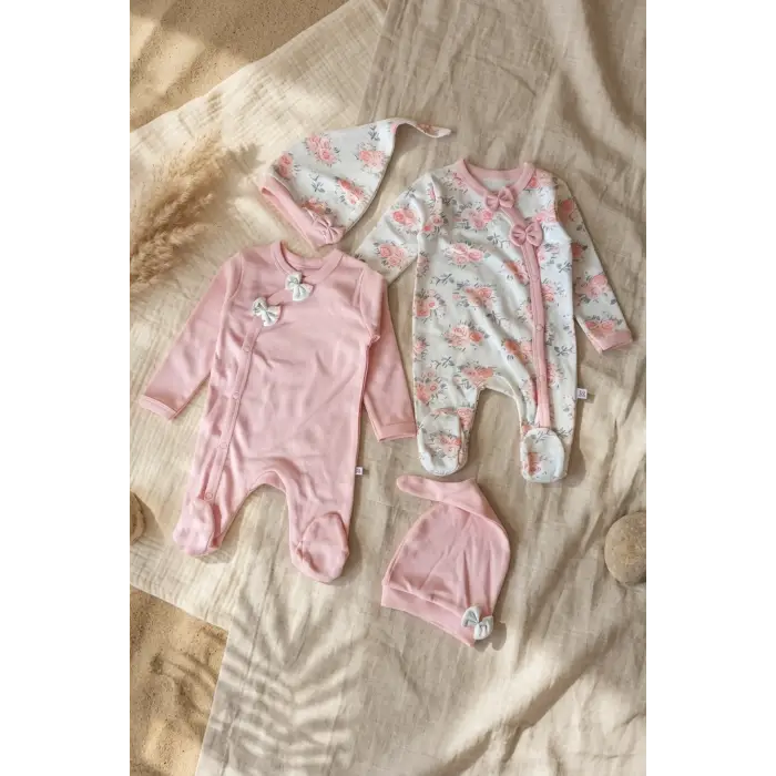 Çiçek Desenli % 100 Pamuk Kız Bebek 4lü Tulum Takımı