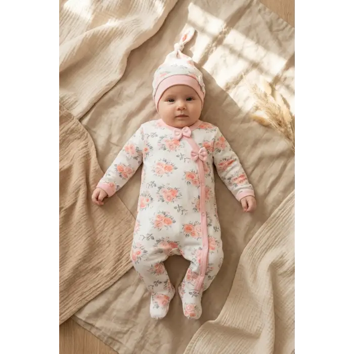 Çiçek Desenli % 100 Pamuk Kız Bebek 4lü Tulum Takımı