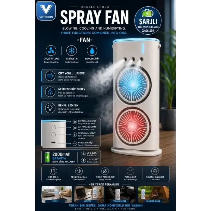 Çift Başlıklı Sprey Fan Nemlendirici Ve Renkli Led Işıklı Beyaz