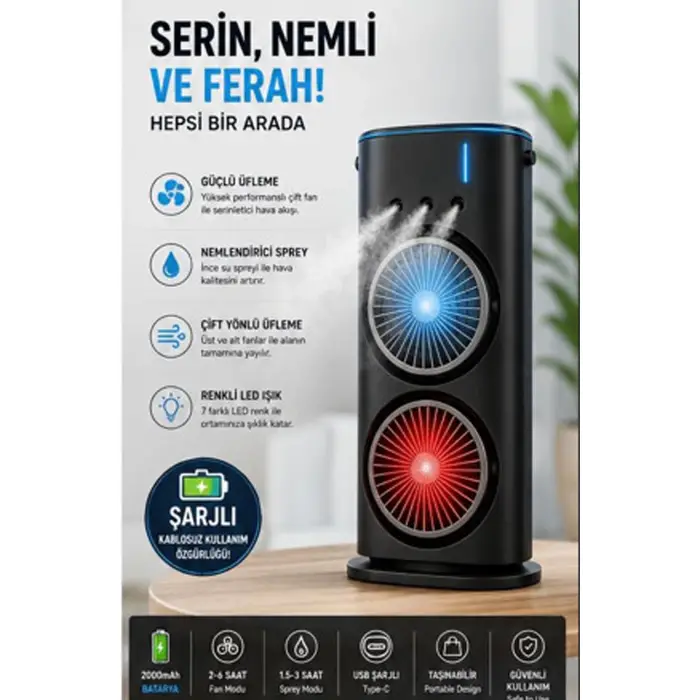 Çift Başlıklı Sprey Fan Nemlendirici Ve Renkli Led Işıklı Siyah