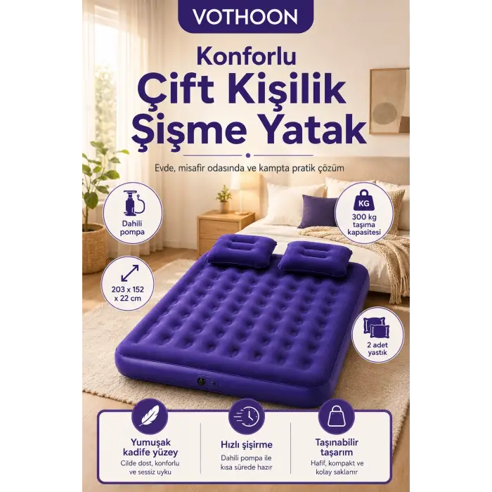 Çift Kişilik Şişme Yatak Dahili Pompalı 203x152x22 Cm 2 Yastıklı