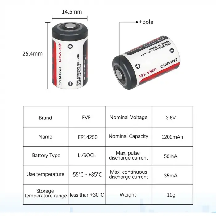 Eve Er14250 1/2aa Size 3.6v 1200 Mah Şarjsız Li-socl2 Lithium Pil