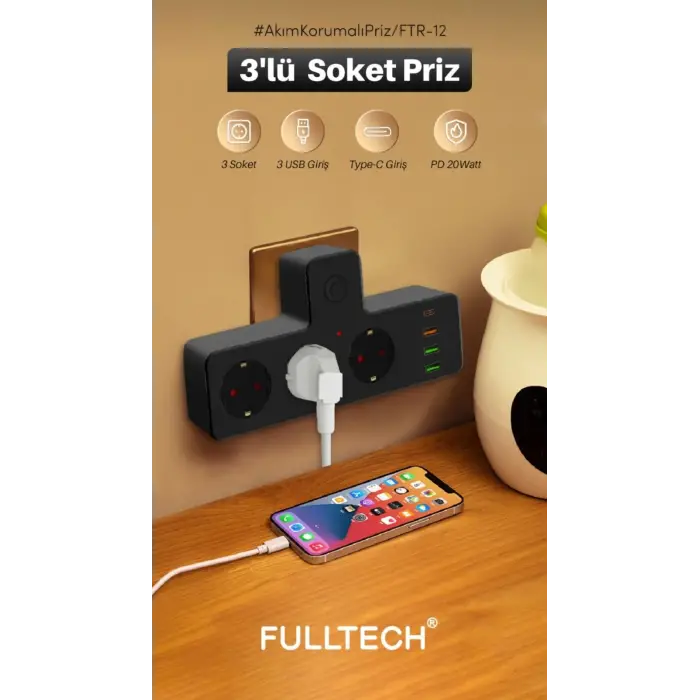 Ftr-12 Termal Akım Korumalı Isıya Dayanıklı 3’lü Priz 3x Usb 1x Type-c