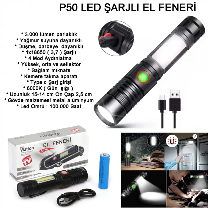 Geniş Açılı P50 Led Şarjlı El Feneri  Wt-601