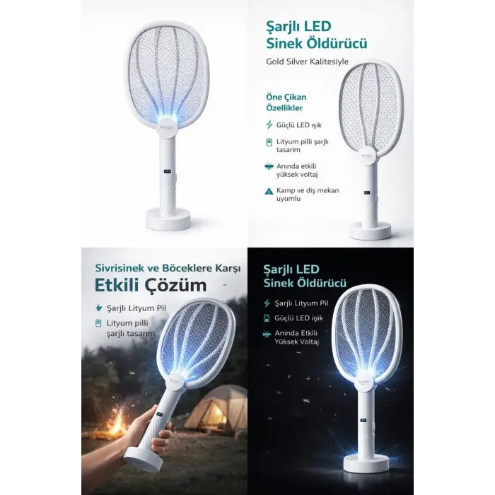 Gold Silver Gs-3602 Şarjlı Led Sivrisinek Öldürücü Raket Standlı Çift Kullanımlı Lityum Pilli