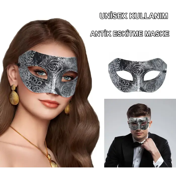 Gümüş Eskitme Yüz Maskesi - Antik Tarz Balo Maskesi