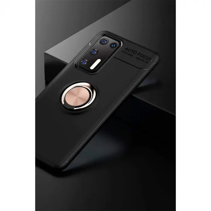 Huawei P40 Kılıf Range Yüzüklü Silikon - Siyah-gold
