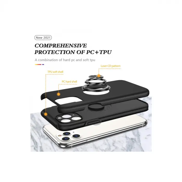 İphone 11 Pro Max Kılıf Elit Yüzüklü Kapak - Siyah