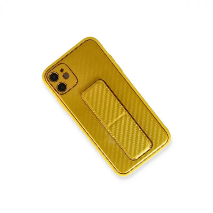 İphone 12 Kılıf Coco Karbon Standlı Kapak - Sarı