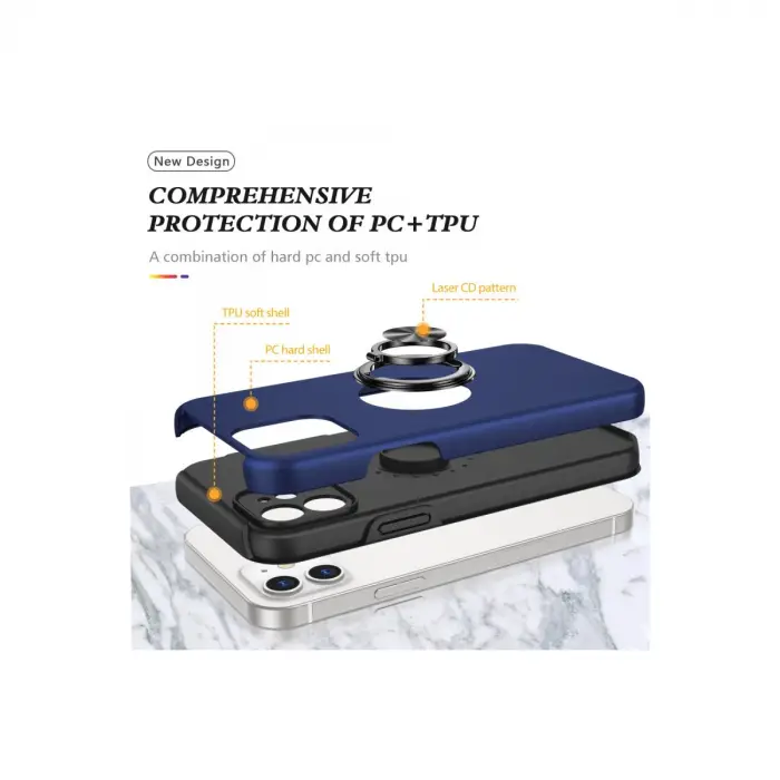 İphone 12 Kılıf Elit Yüzüklü Kapak - Lacivert