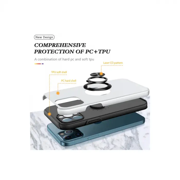 İphone 12 Pro Kılıf Elit Yüzüklü Kapak - Gümüş