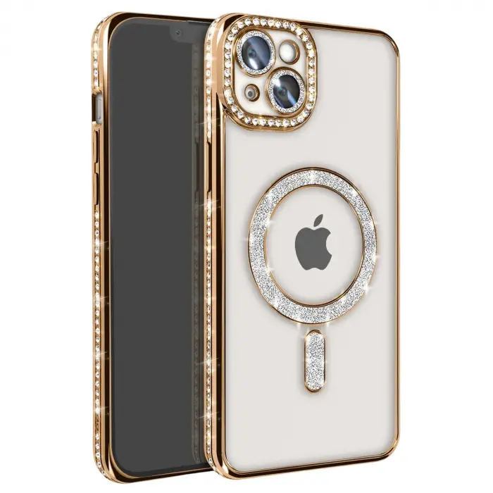 İphone 14 Kılıf Joke Simli Magneticsafe Kılıf - Gold