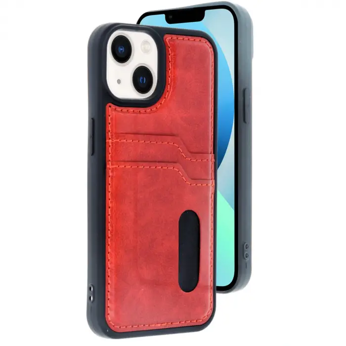 İphone 14 Kılıf Sara Kartvizitli Deri Kılıf - Kırmızı