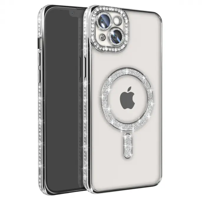 İphone 15 Kılıf Joke Simli Magneticsafe Kılıf - Gümüş