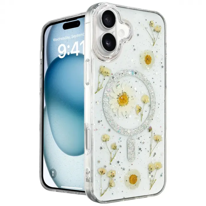 İphone 16 Kılıf Daisy Simli Magsafe Kapak - Gümüş