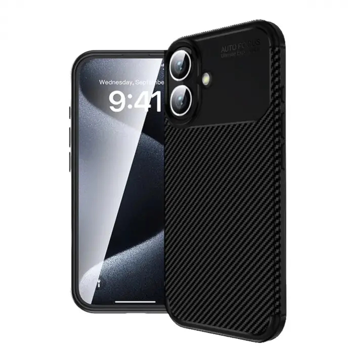 İphone 16 Plus Kılıf Auto Focus Karbon Kapak - Siyah