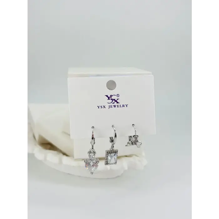Kalp Detaylı Üçlü Kombin Küpe