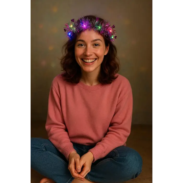 Kalp Püsküllü Gece Parıltısı 3 Modlu Led39li Işıklı Taç Fuşya Renk