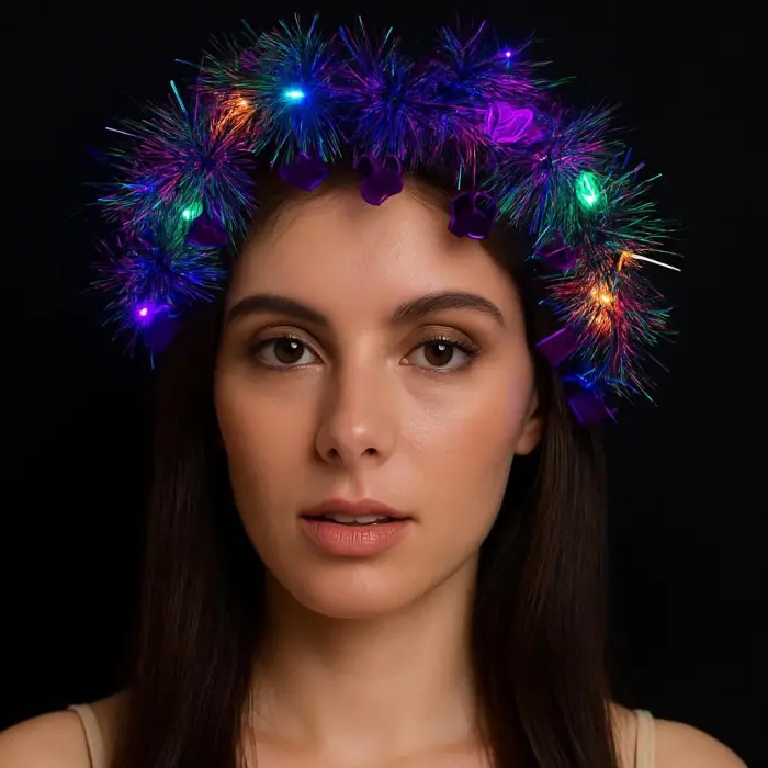 Kalp Püsküllü Gece Parıltısı 3 Modlu Led39li Işıklı Taç Mor Renk