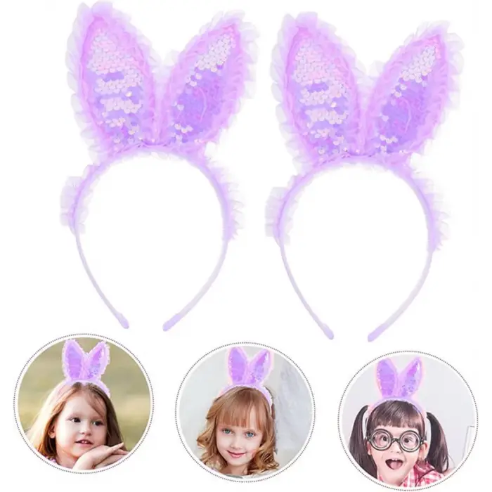 Kenarları Dantelli Mor Pullu Payetli Led Işıklı Tavşan Kulak Taç 23x19 Cm