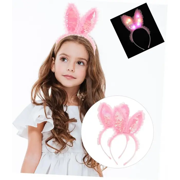 Kenarları Dantelli Pembe Pullu Payetli Led Işıklı Tavşan Kulak Taç 23x19 Cm