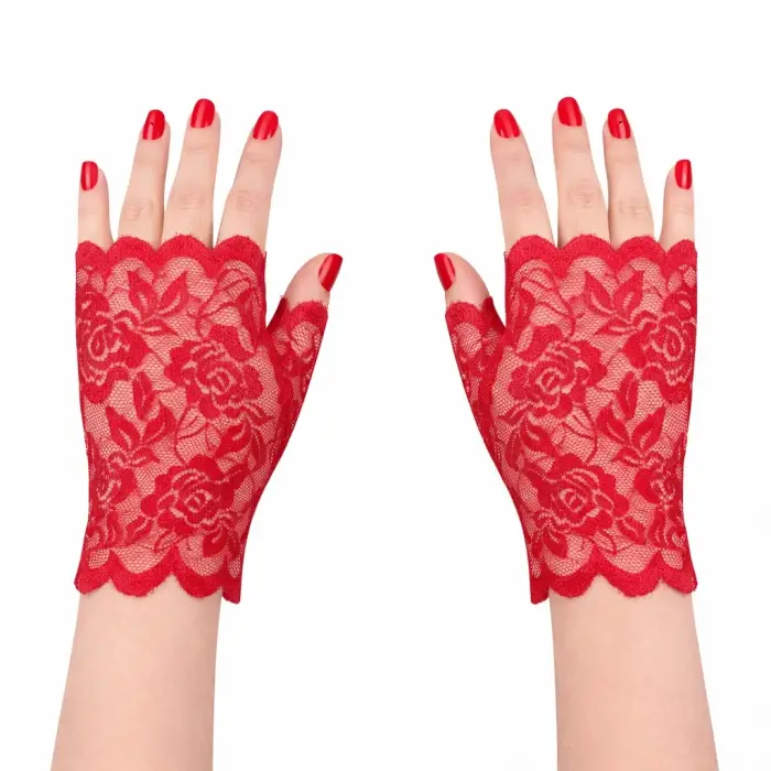 Kırmızı Dantel Parmaksız Kısa Eldiven