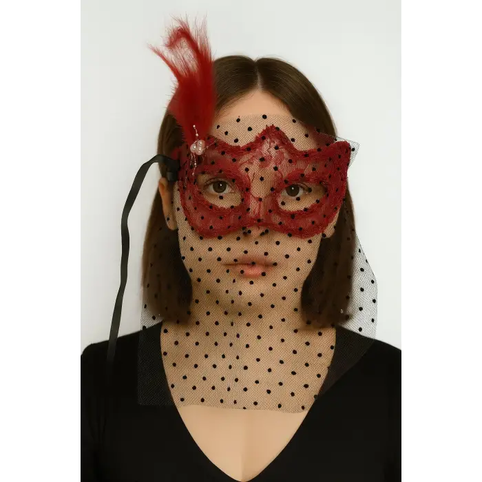 Kırmızı Renk Dantelli Duvaklı İncili Parti Maskesi Balo