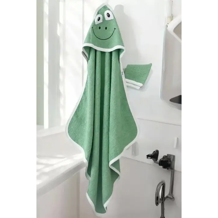 Kurbağa Nakışlı Unisex Şapka Ve Keseli Bebek Banyo Havlusu