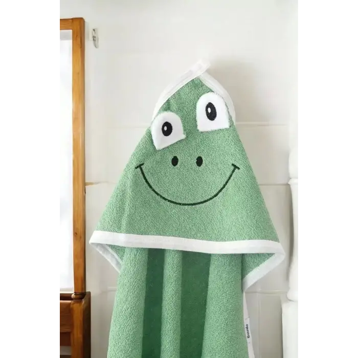 Kurbağa Nakışlı Unisex Şapka Ve Keseli Bebek Banyo Havlusu
