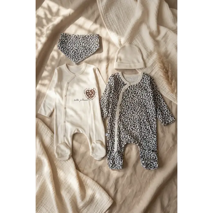Leopar Desenli % 100 Pamuklu Kız Bebek 4lü Tulum Seti 0-6 Ay