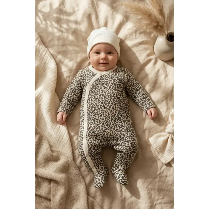 Leopar Desenli % 100 Pamuklu Kız Bebek 4lü Tulum Seti 0-6 Ay
