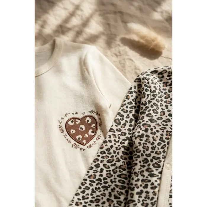 Leopar Desenli % 100 Pamuklu Kız Bebek 4lü Tulum Seti 0-6 Ay