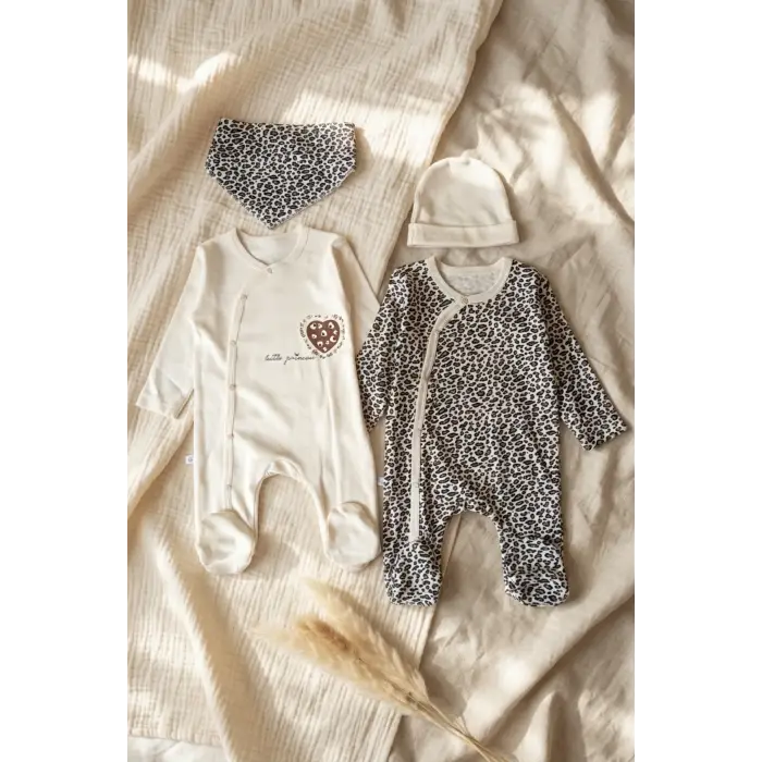 Leopar Desenli % 100 Pamuklu Kız Bebek 4lü Tulum Seti 0-6 Ay