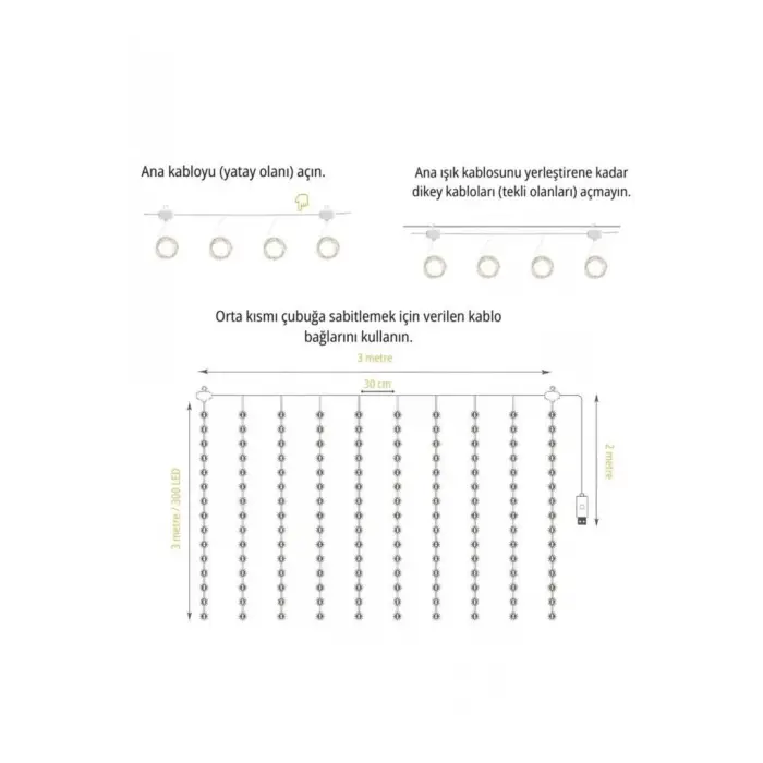 Lw-7 300 Ledli 10 Sarkıt Perde Led Işık, 8 Modlu Uzaktan Kumandalı, 3x3 Metre Peri Telli Led