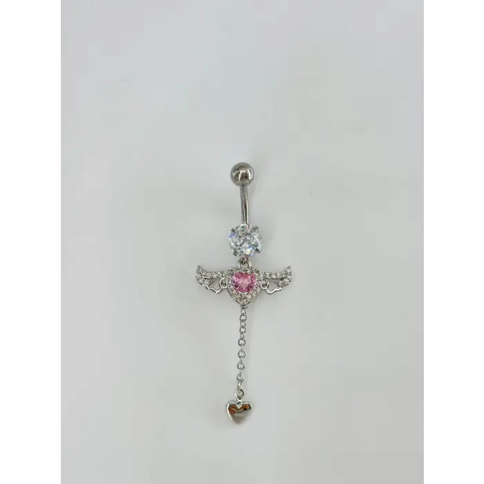 Melek Kanatlı Pembe Taşlı Sallantılı Göbek Piercing - Pg0124