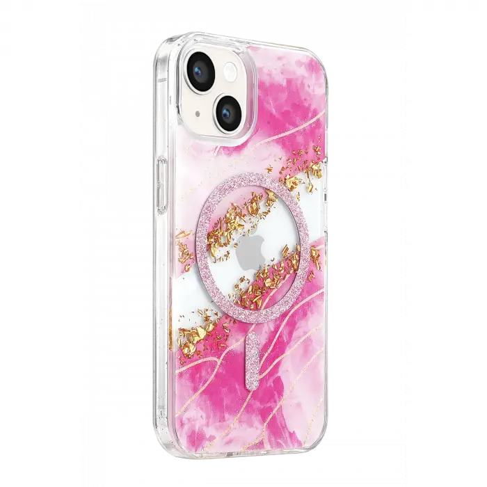 Onegif Apple İphone 14 Lotus Simli Magsafe Kapak - Pembe