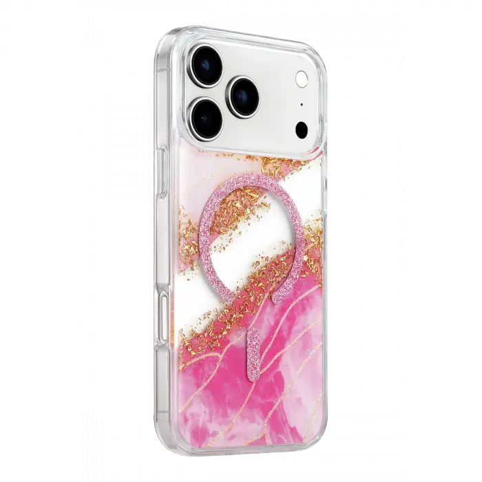 Onegif Apple İphone 17 Pro Max Lotus Simli Magsafe Kapak - Pembe