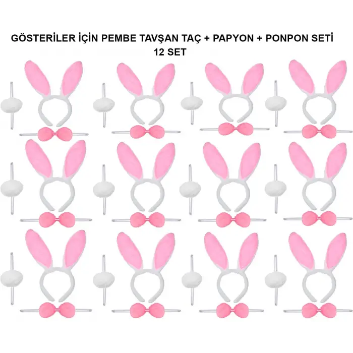 Pembe Tavşan Kostüm Seti – Taç, Papyon, Ponpon (12’li Paket)