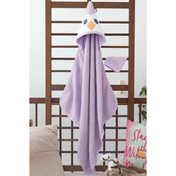 Penguen Nakışlı Unisex Şapka Ve Keseli Bebek Banyo Havlusu
