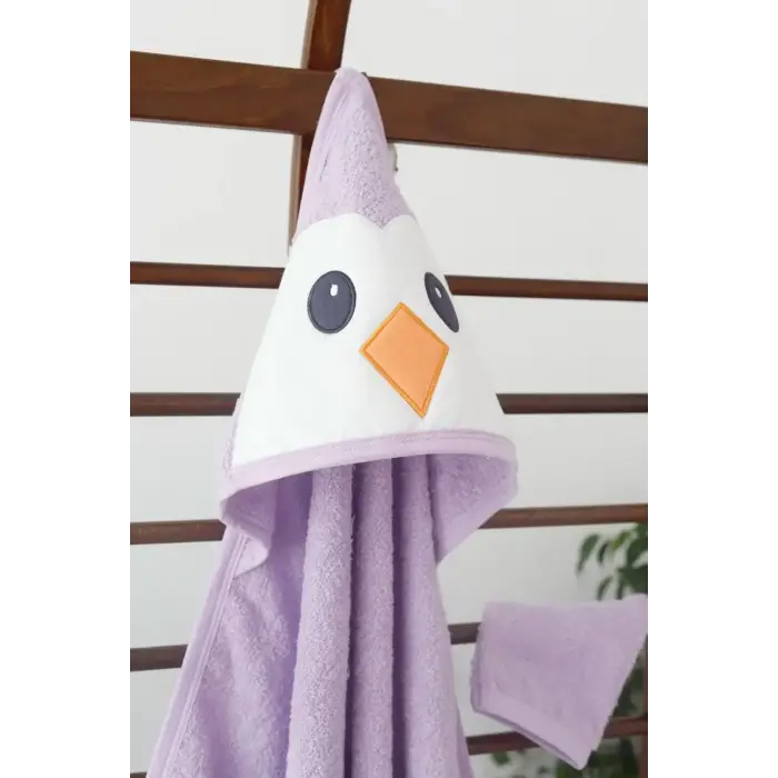 Penguen Nakışlı Unisex Şapka Ve Keseli Bebek Banyo Havlusu
