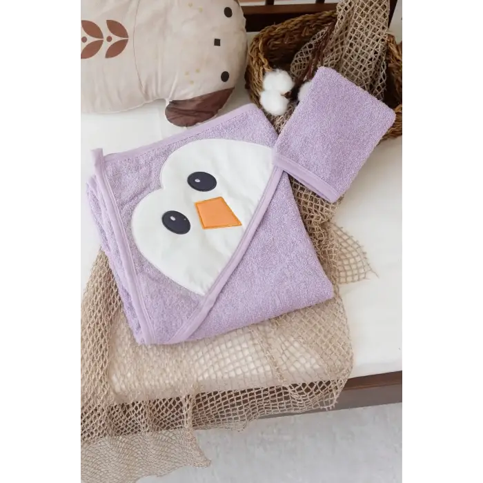 Penguen Nakışlı Unisex Şapka Ve Keseli Bebek Banyo Havlusu