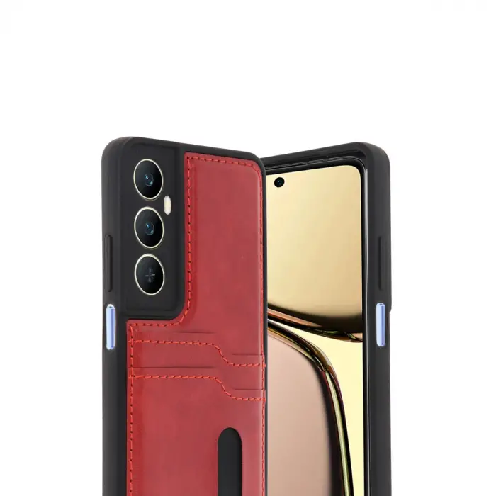 Realme C65 Sara Kartvizitli Deri Kılıf - Kırmızı