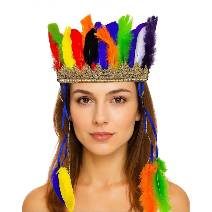 Rengarenk Tüylerle İşlenmiş Lastikli Kızılderili Başlığı